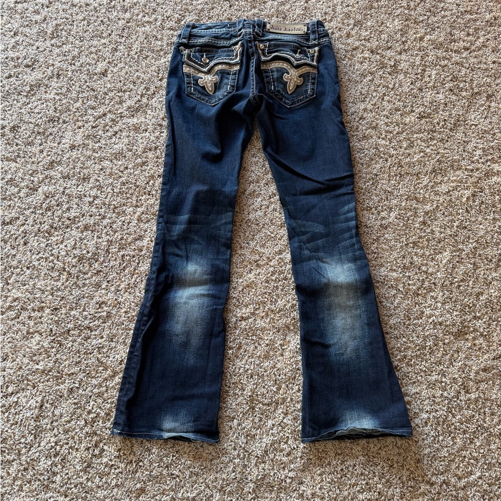 Rock Revival Dark Blue Flare Jeans with Embellished Pockets